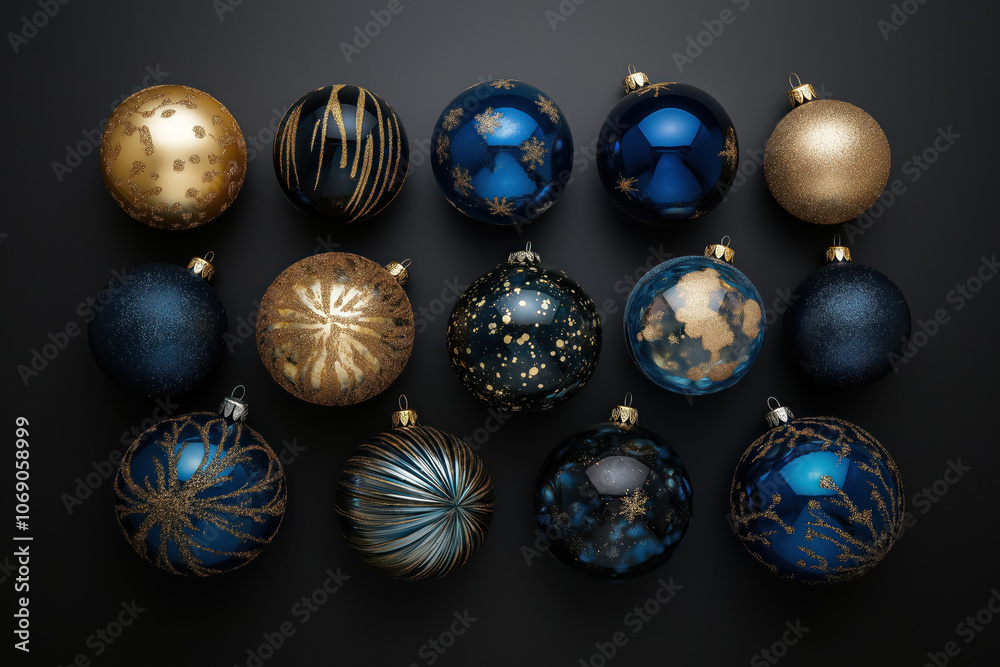 luxurious collection of christmas baubles in gold and blue tones with exquisite patterns, perfect for holiday decor