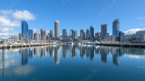 City skyline reflecting in water under a clear blue sky.