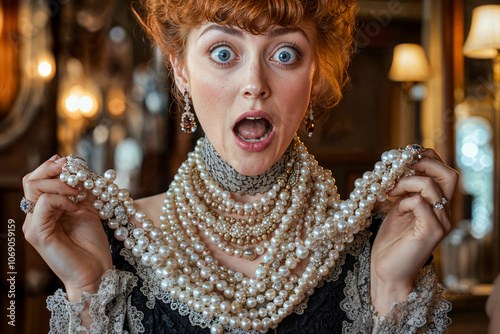 Gasping Victorian woman clutching her pearls, shocked surprised expression photo