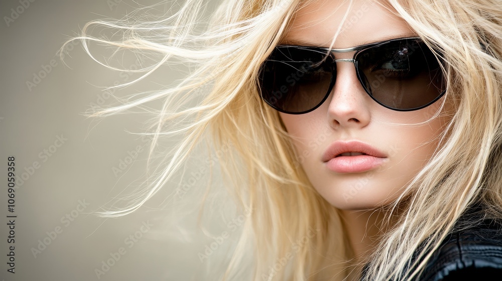A close-up portrait of a young woman with blonde hair and sunglasses, exuding a stylish vibe.