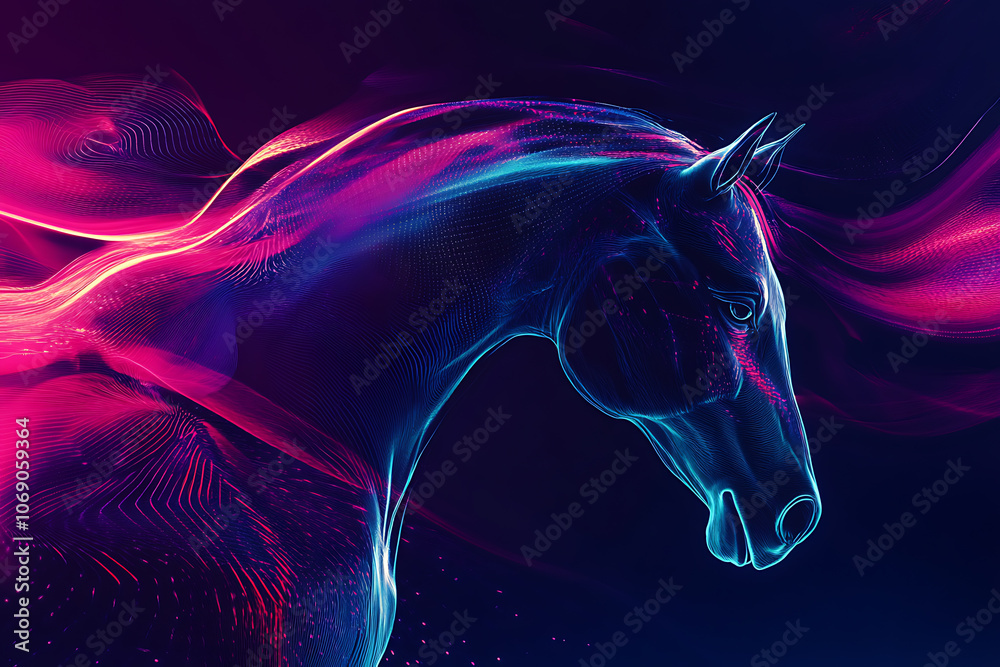 An abstract digital background featuring the silhouette of a horse, blending modern and vibrant colors in a futuristic style An abstract digital background featuring the silhouette of a horse, blending modern and vibrant colors in a futuristic style