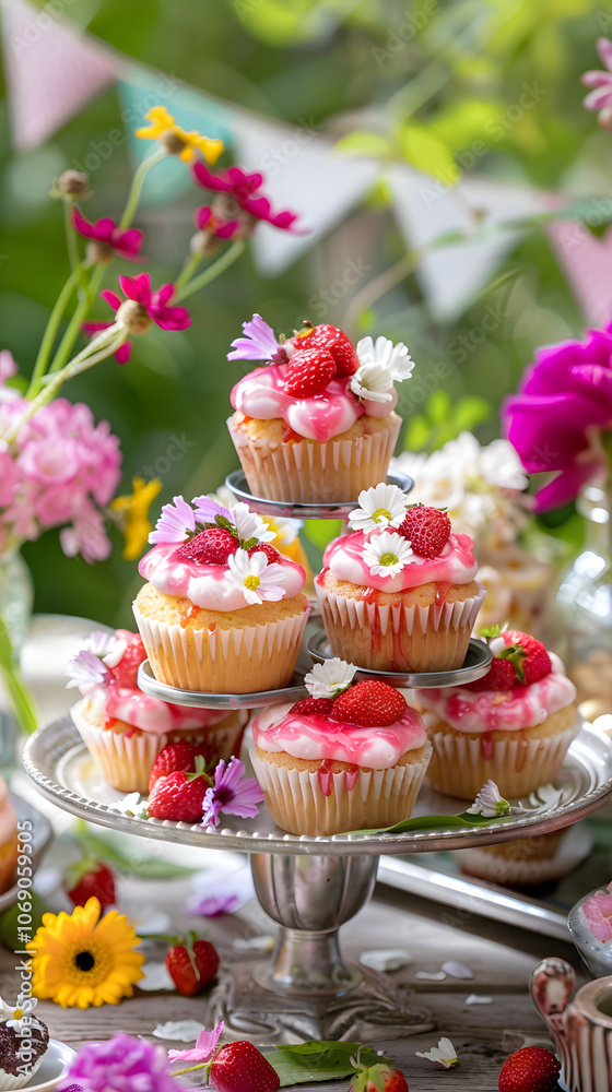 Decorative strawberry cupcakes with glaze drizzle and edible flower petals on a serving tray Decorative strawberry cupcakes with glaze drizzle and edible flower petals on a serving tray