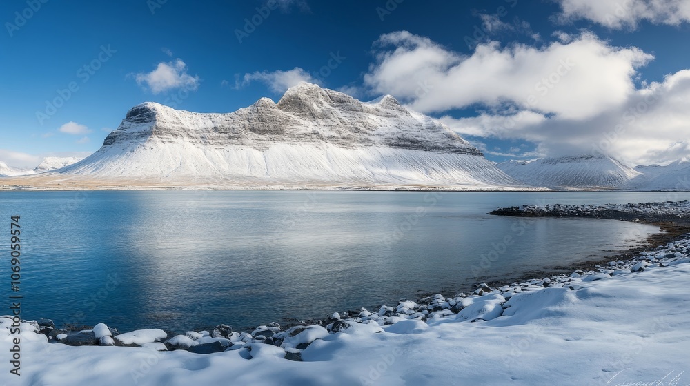 custom made wallpaper toronto digitalA serene winter landscape featuring snow-capped mountain and a calm lake under a blue sky.