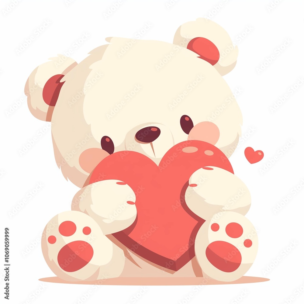 Cute happy white Teddy Bear toy in love with big red heart, sitting, white background, Valentines day, Mothers day postcard, celebration, illustration, design, cartoon, drawing, flat lay, pastel. Cute happy white Teddy Bear toy in love with big red heart, sitting, white background, Valentines day, Mothers day postcard, celebration, illustration, design, cartoon, drawing, flat lay, pastel.