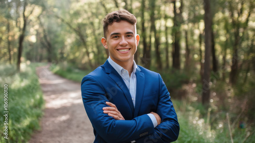 A young Hispanic man confidently smiles in a tailored blue suit, standing in a serene forest setting, surrounded by greenery and dappled sunlight.