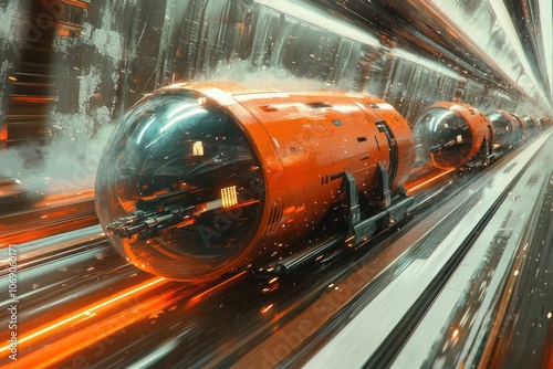Futuristic pods travel through a glowing tunnel at high speed.