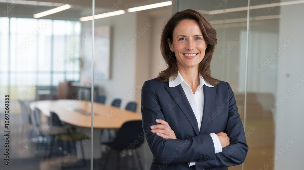 A confident middle-aged Caucasian woman smiles while standing in a modern office, exuding professionalism and warmth. A confident middle-aged Caucasian woman smiles while standing in a modern office, exuding professionalism and warmth.