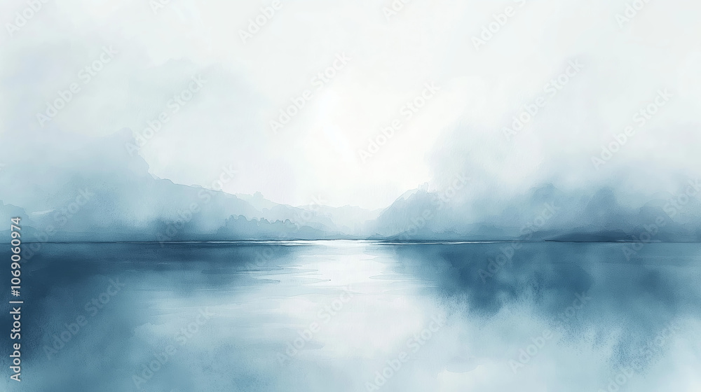 Fototapeta premium Blue Monday misty mountain lake landscape in winter, foggy hills and calm water reflections under overcast sky, serene and tranquil scene capturing melancholic mood of winter blues and seasonal