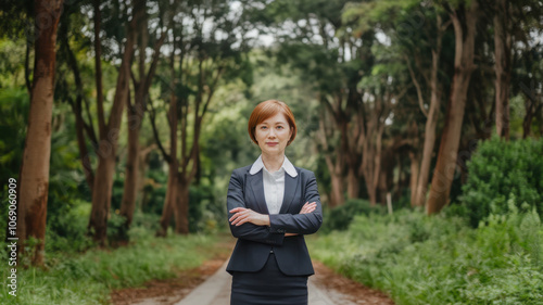 A confident Asian woman in her 30s wearing a business suit stands with arms crossed in a serene, wooded area, exuding professionalism and determination.