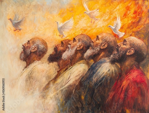 Pentecost prayers scene: apostles praying with serene expressions, doves and flames, symbolic wind through the space, warm glow