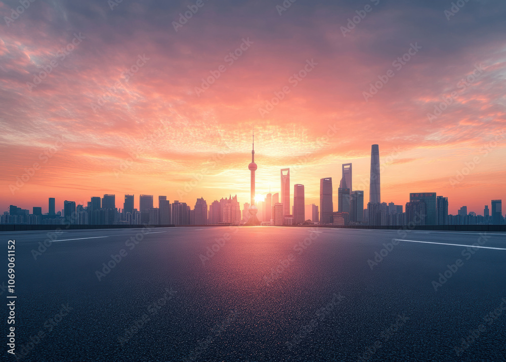 Empty highway leading to shanghai skyline at sunset with colorful sky Empty highway leading to shanghai skyline at sunset with colorful sky