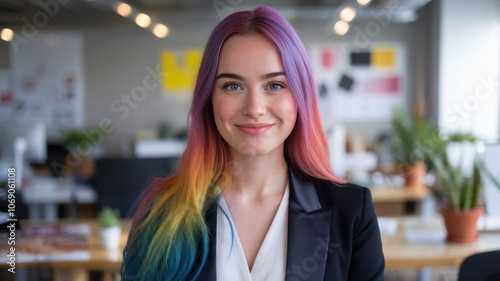 A young Caucasian woman with vibrant rainbow hair smiles confidently in a bright, modern office filled with greenery and artistic decor.