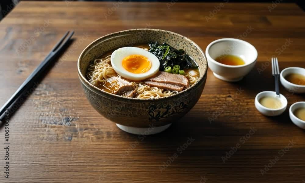 A traditional Japanese dish of noodles in broth, topped with an egg and served in a bowl on a wooden table, accompanied by chopsticks. A traditional Japanese dish of noodles in broth, topped with an egg and served in a bowl on a wooden table, accompanied by chopsticks.