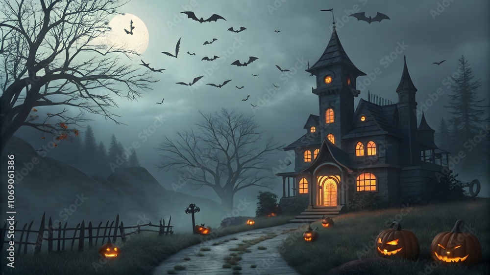 Fototapeta premium Halloween Night Castle with Pumpkin Flames, Spooky Castle and Bats