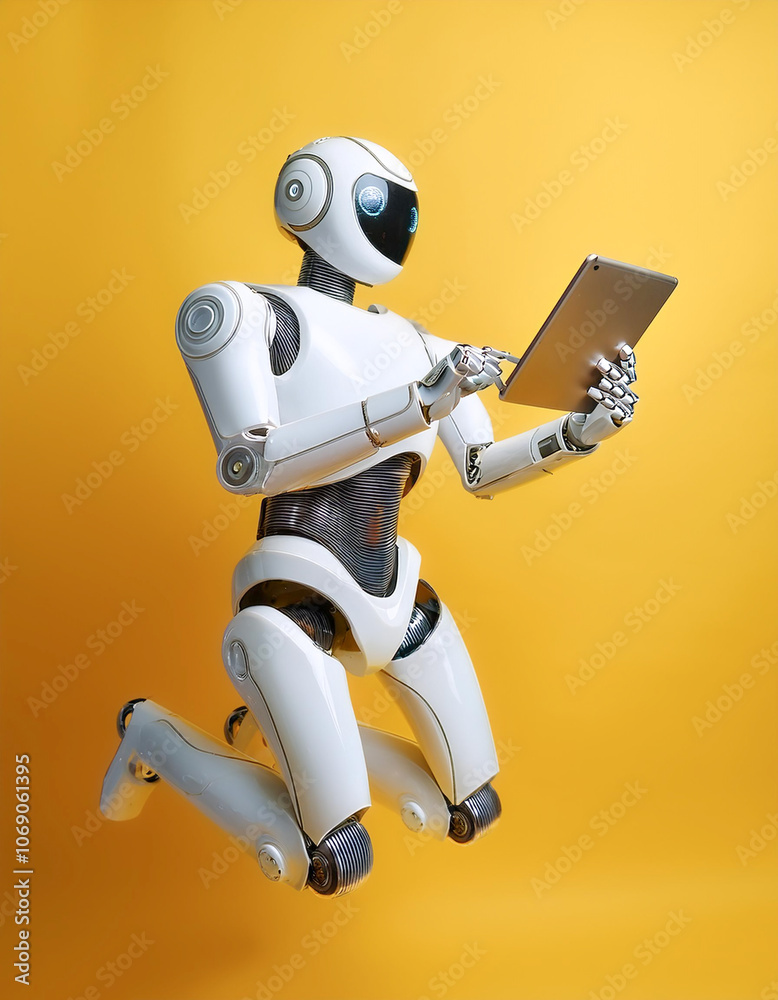 Ai robot using tablet floating or flying, isolated on a yellow pastel Ai robot using tablet floating or flying, isolated on a yellow pastel