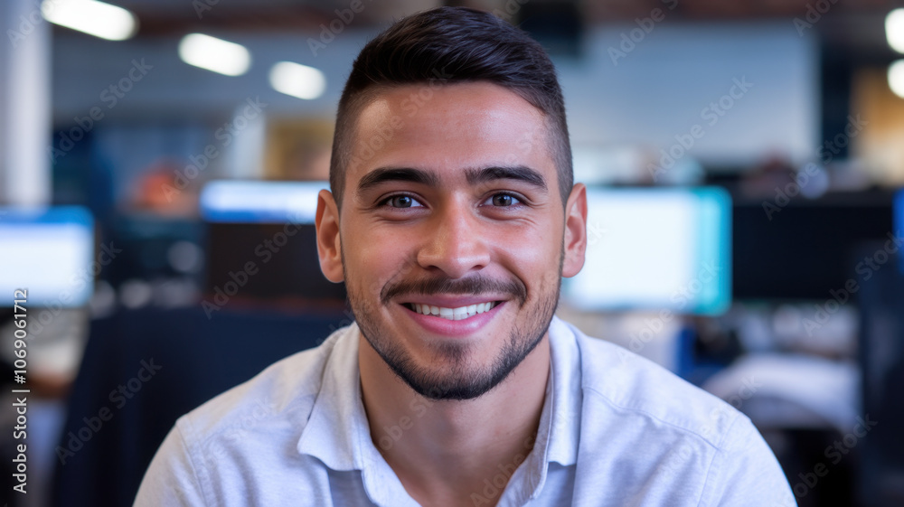 Obraz premium A young Hispanic man with a bright smile, wearing a light gray polo shirt, poses confidently in a modern office setting, with blurred computer screens in the background.