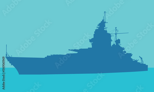 Silhouette of a warship on a blue background. Vector illustration for your designs in nautical and military style