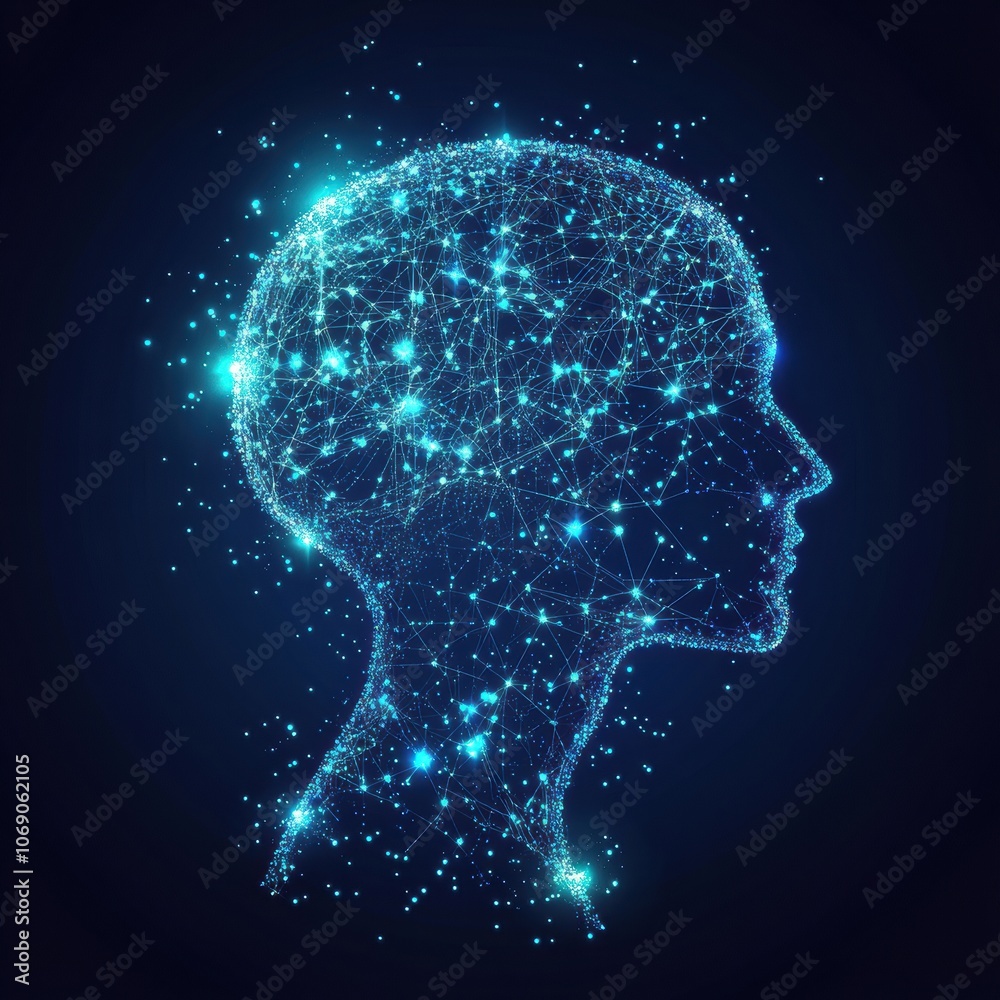 Abstract human head profile showing digital technology, artificial intelligence or computer engineering Abstract human head profile showing digital technology, artificial intelligence or computer engineering