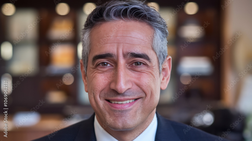 Fototapeta premium A smiling middle-aged Hispanic man in a suit exudes confidence and professionalism, set against a softly blurred background of an office environment.