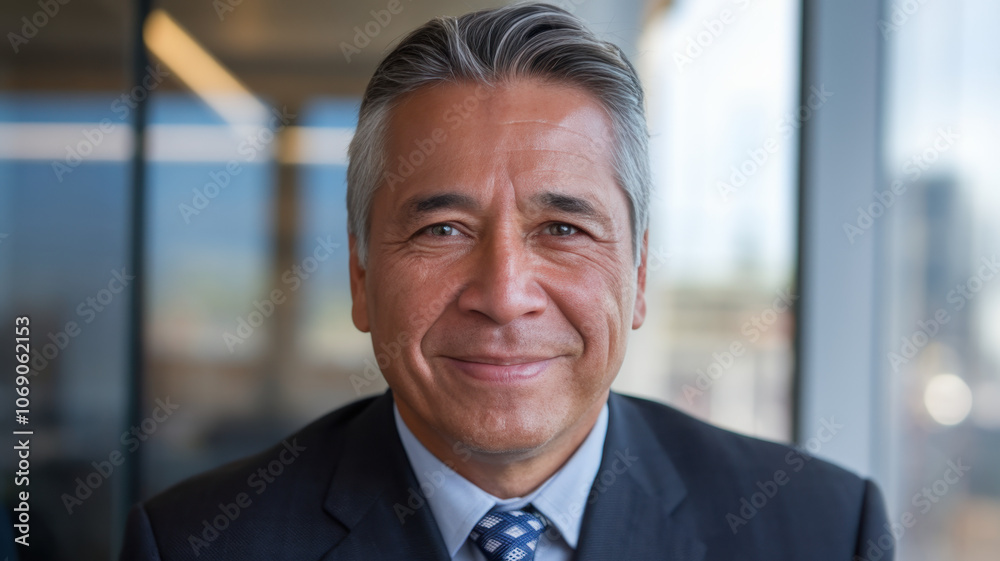 A smiling middle-aged Hispanic man in a professional suit exudes confidence and warmth in an office setting, with natural light illuminating his features. A smiling middle-aged Hispanic man in a professional suit exudes confidence and warmth in an office setting, with natural light illuminating his features.