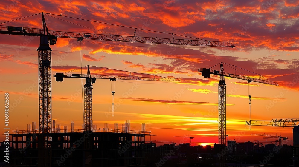 Naklejka premium Construction Cranes at Sunset Over Urban Skyline