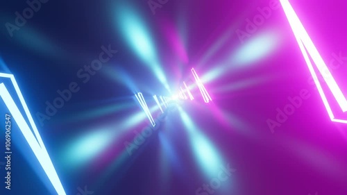 Endless Intro Tunnel with Geometric Blue and Purple Neon Shapes in Horizontal Loopable Technological 4K Animation, Looping Stock Video, 3D Rendering