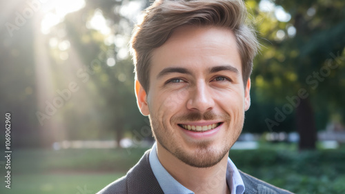 Smiling Caucasian man in a blazer stands outdoors, illuminated by soft natural light, exuding confidence and warmth amidst a serene green backdrop.