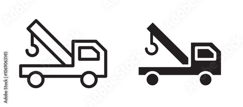 Tow truck vector icon set black filled and outlined style.