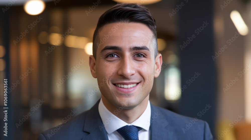 Smiling young Caucasian man in a business suit, conveying confidence and professionalism in a modern office setting. Smiling young Caucasian man in a business suit, conveying confidence and professionalism in a modern office setting.