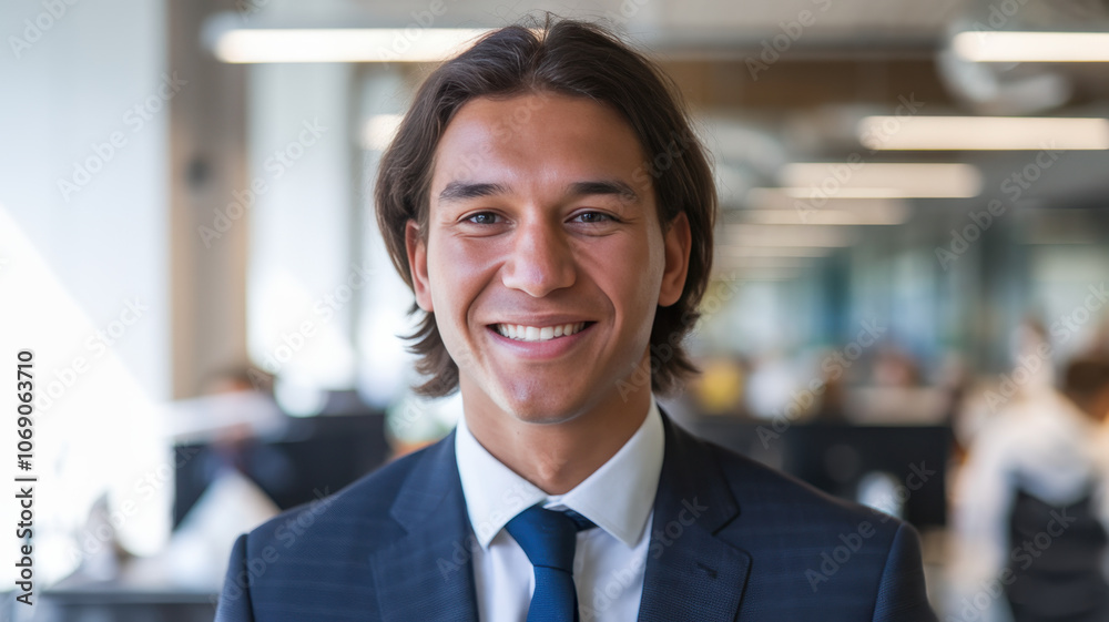 Smiling young Caucasian man in a business suit, exuding confidence and positivity in a modern office environment filled with colleagues. Smiling young Caucasian man in a business suit, exuding confidence and positivity in a modern office environment filled with colleagues.