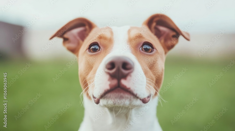 Close-up of a curious mixed-breed dog with green background