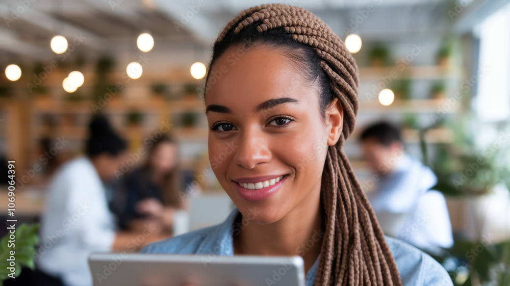 A young Black woman with long braided hair smiles confidently while holding a tablet in a modern, vibrant workspace filled with greenery. A young Black woman with long braided hair smiles confidently while holding a tablet in a modern, vibrant workspace filled with greenery.