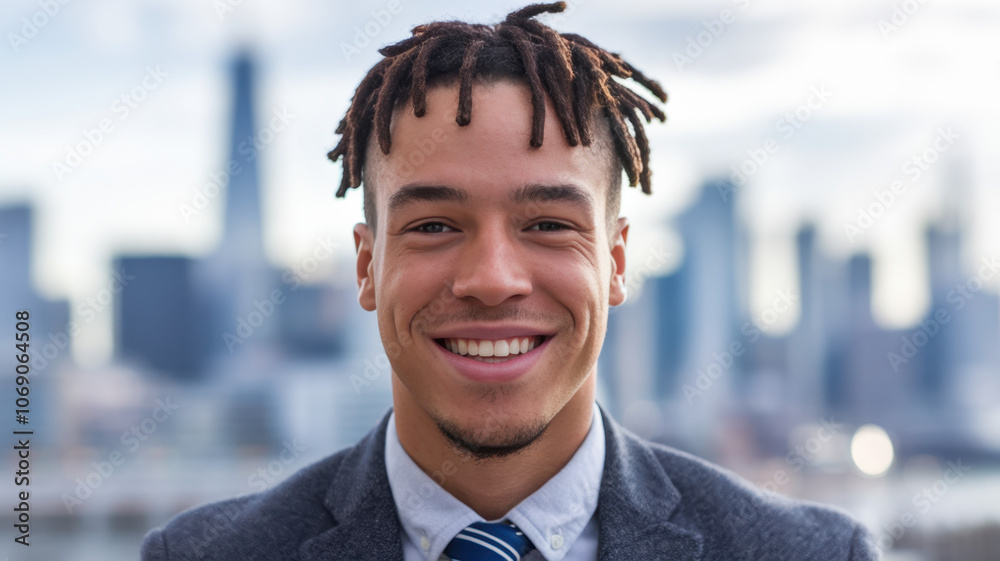 Smiling young Black man in a suit with dreadlocks, showcasing confidence and professionalism against a city skyline background. Smiling young Black man in a suit with dreadlocks, showcasing confidence and professionalism against a city skyline background.