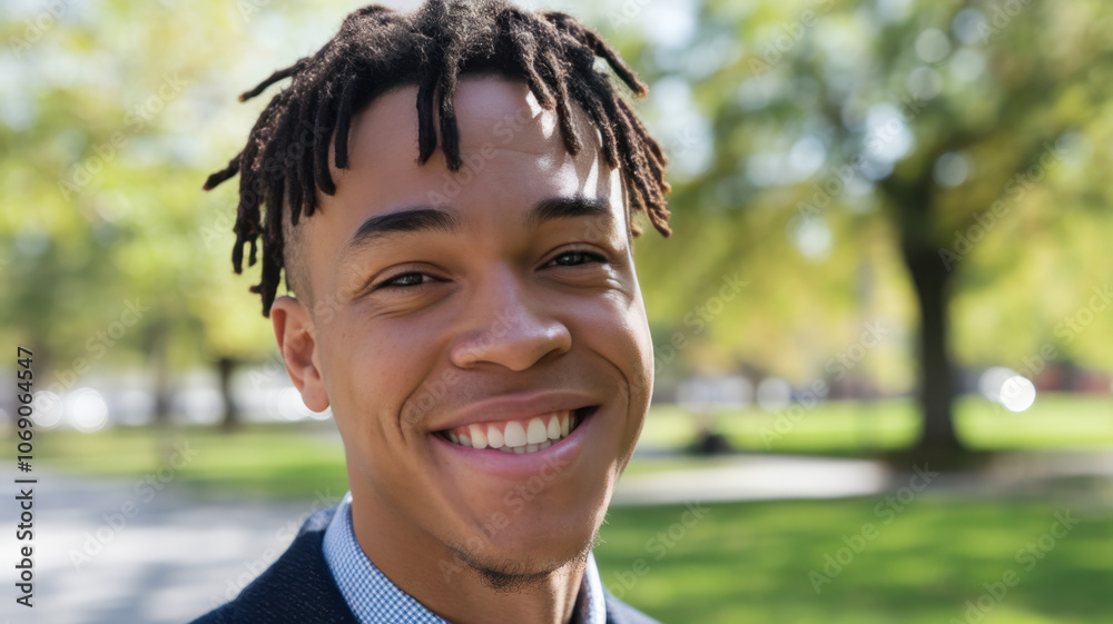 A cheerful young Black man with dreadlocks smiles warmly against a lusciously green park backdrop, radiating positivity and confidence. A cheerful young Black man with dreadlocks smiles warmly against a lusciously green park backdrop, radiating positivity and confidence.