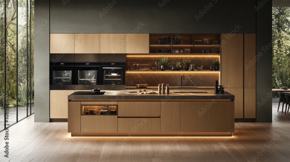 Modern Kitchen with Wooden Cabinets and Sleek Appliances