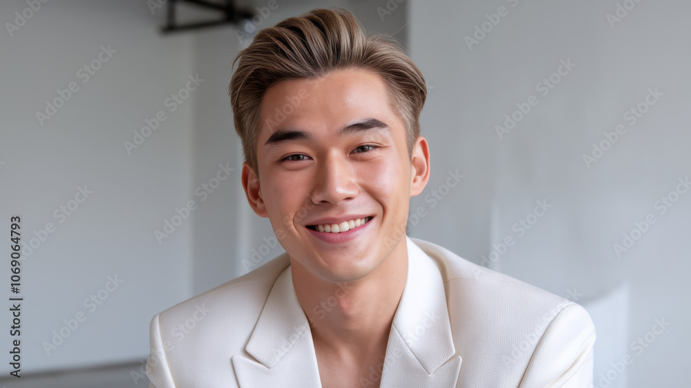 Smiling Asian man in a stylish white blazer, exuding confidence and warmth in a modern indoor setting. Smiling Asian man in a stylish white blazer, exuding confidence and warmth in a modern indoor setting.