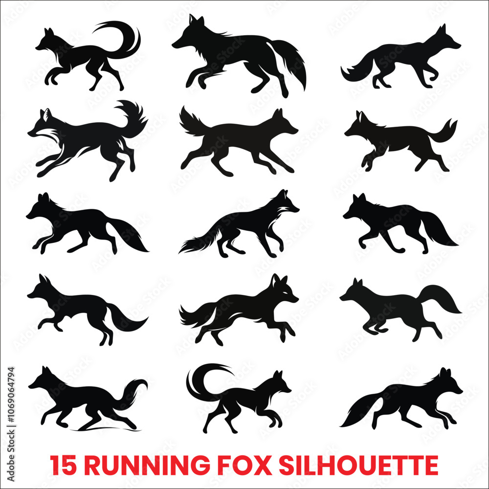 Running Fox Silhouette Bundle Set on a White Background Running Fox Silhouette Bundle Set on a White Background