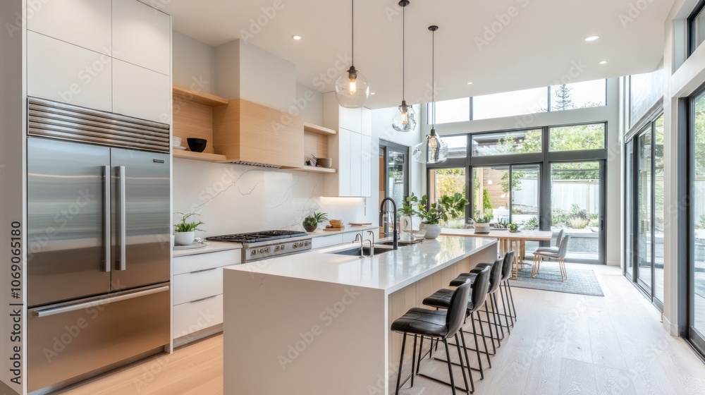 Fototapeta premium Modern Kitchen with Stainless Steel Appliances and Island Seating