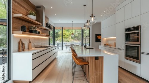 Modern Kitchen with White Cabinets, Island, and Large Windows