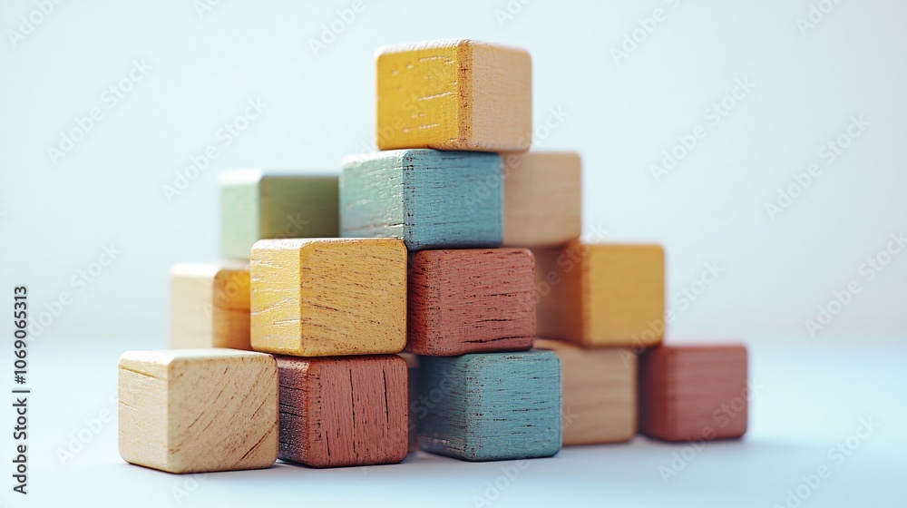 A colorful arrangement of wooden blocks stacked creatively, showcasing various pastel colors and textures against a soft background. A colorful arrangement of wooden blocks stacked creatively, showcasing various pastel colors and textures against a soft background.