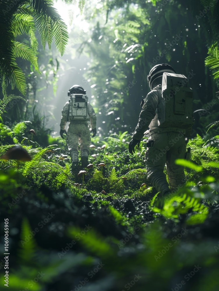 Fototapeta premium Astronauts in advanced suits explore lush alien jungle