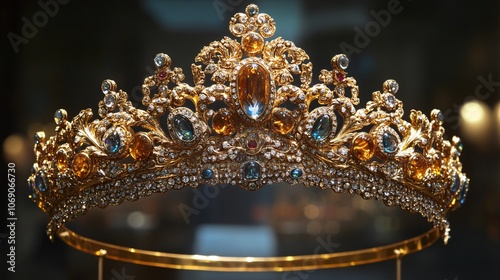 A beautifully crafted gold tiara adorned with vibrant gemstones, showcasing intricate detailing and elegance.