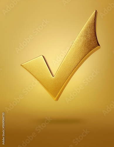 A shiny gold tick mark, often symbolizing confirmation or correct choice floating or flyingisolated on a yellow pastel