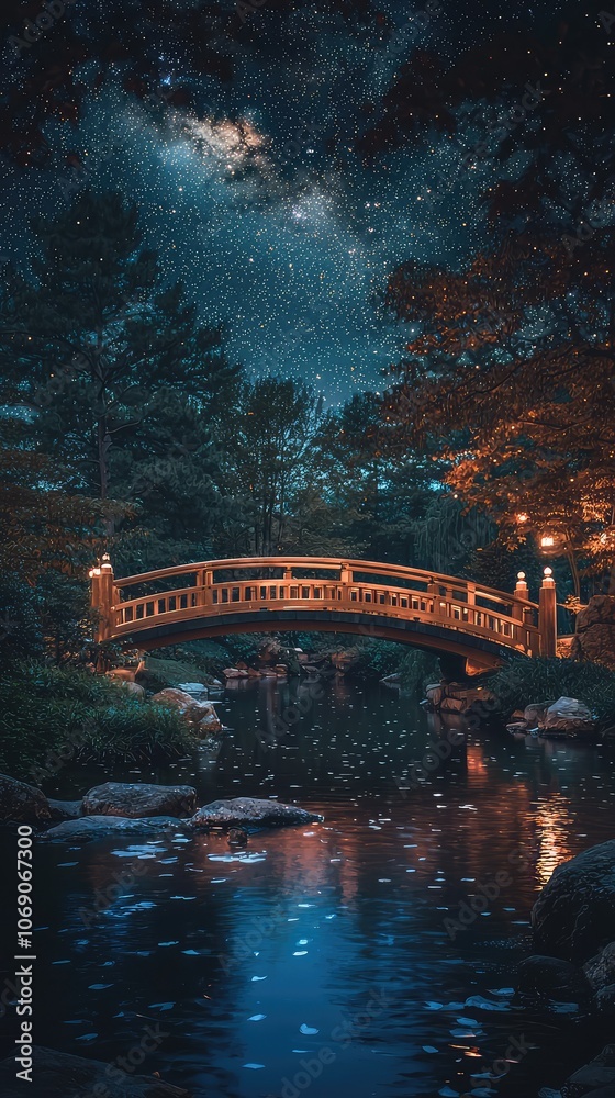 Obraz premium Tranquil Bridge Over a Stream at Night