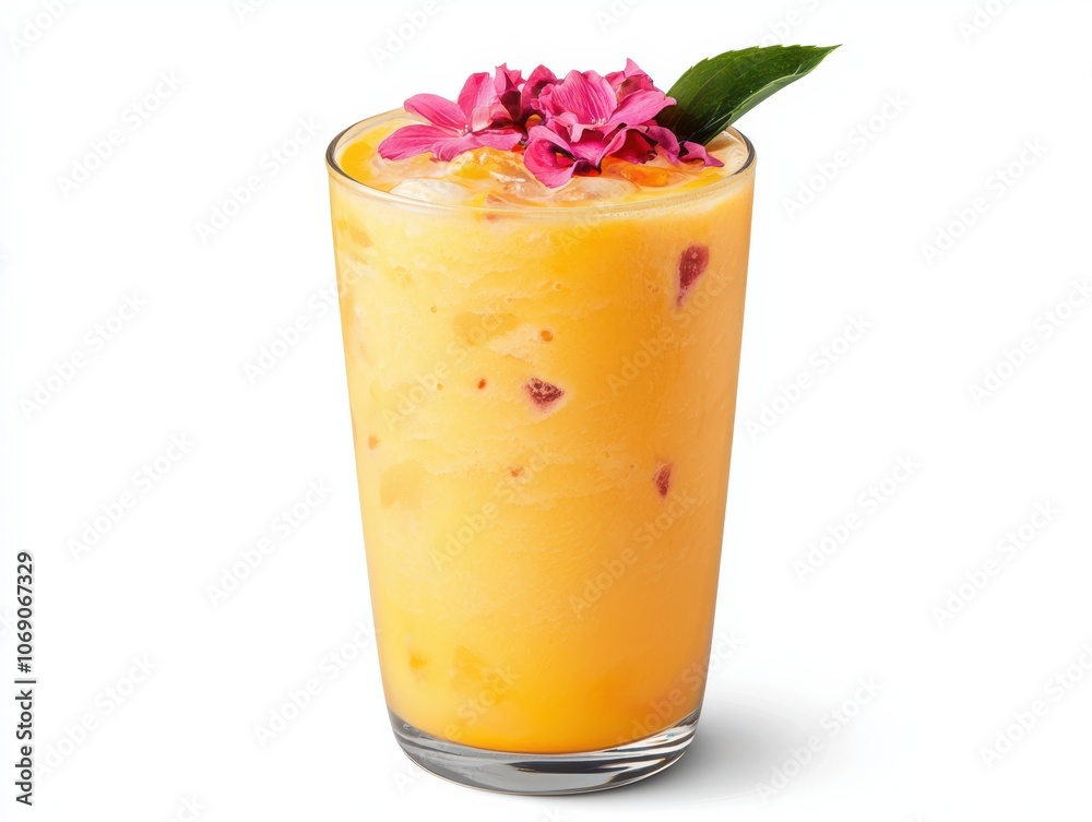 A refreshing mango beverage garnished with vibrant flowers, served in a tall glass, perfect for a summer treat. A refreshing mango beverage garnished with vibrant flowers, served in a tall glass, perfect for a summer treat.