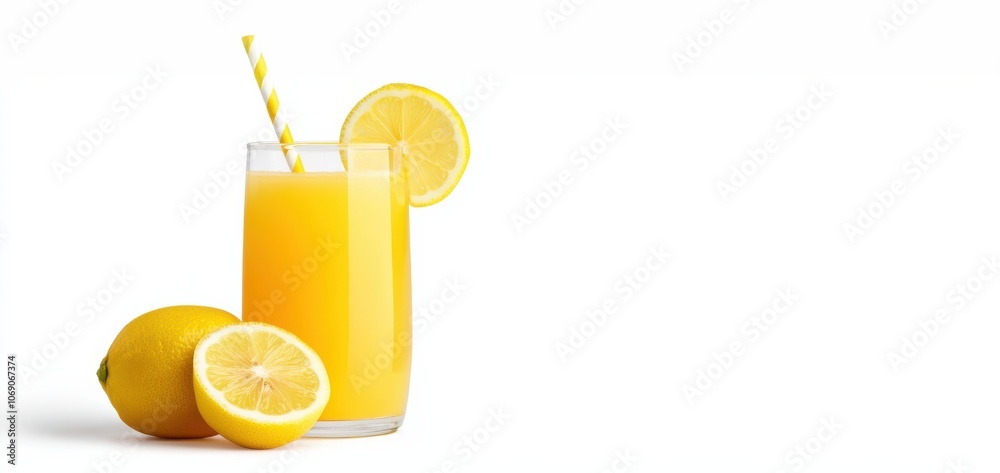 A refreshing glass of lemon juice sits next to whole and sliced lemons, featuring a yellow straw for a vibrant, summery drink.