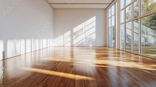 Wallpaper Mural A bright, empty room with wooden flooring and large windows allowing sunlight to stream in, creating a warm and inviting atmosphere. Torontodigital.ca