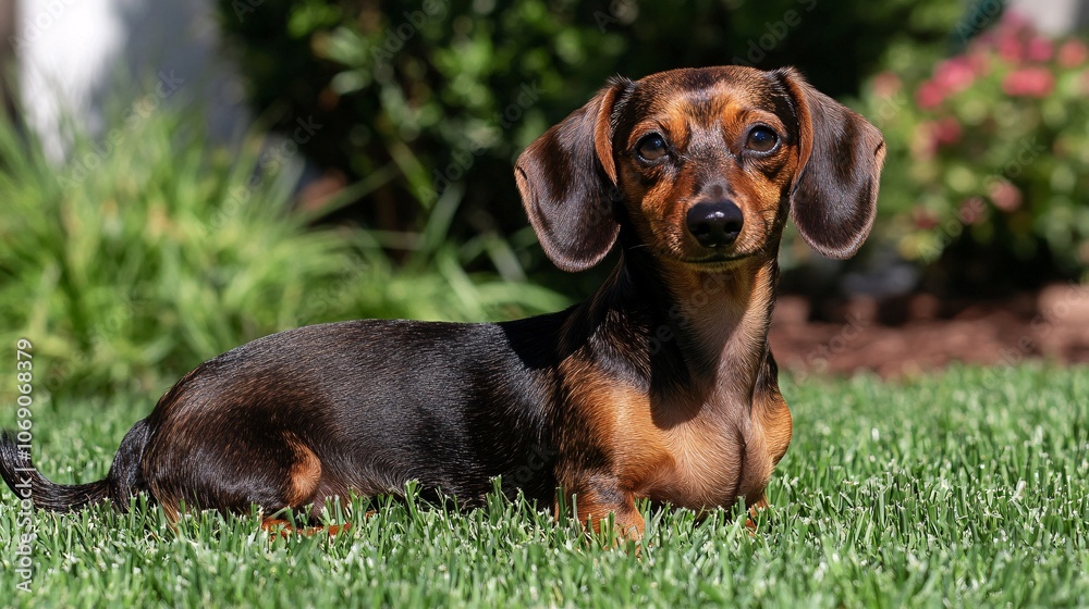 A small, sleek dachshund with a glossy coat rests on green grass, exuding charm and curiosity in a sunny garden setting. A small, sleek dachshund with a glossy coat rests on green grass, exuding charm and curiosity in a sunny garden setting.