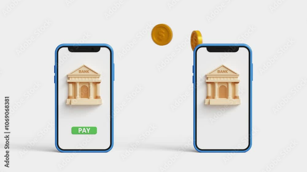 Online mobile banking and mobile payments. Digital banking, internet banking and financial management concept. 3D bank to bank money transfer mobile app on white background. 4K 3D animation