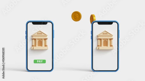 Online mobile banking and mobile payments. Digital banking, internet banking and financial management concept. 3D bank to bank money transfer mobile app on white background. 4K 3D animation
